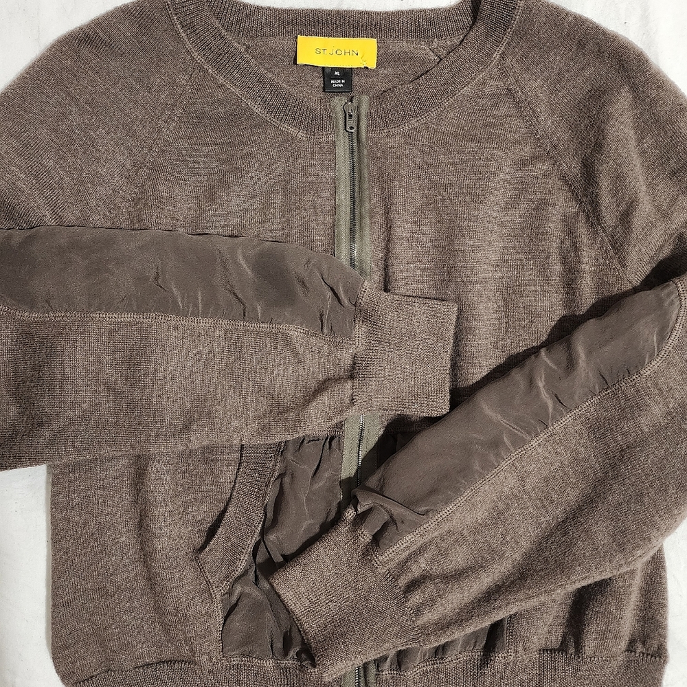 ST. JOHN Women's Wool Zip Up Sweater with Silk Patchwork | XL